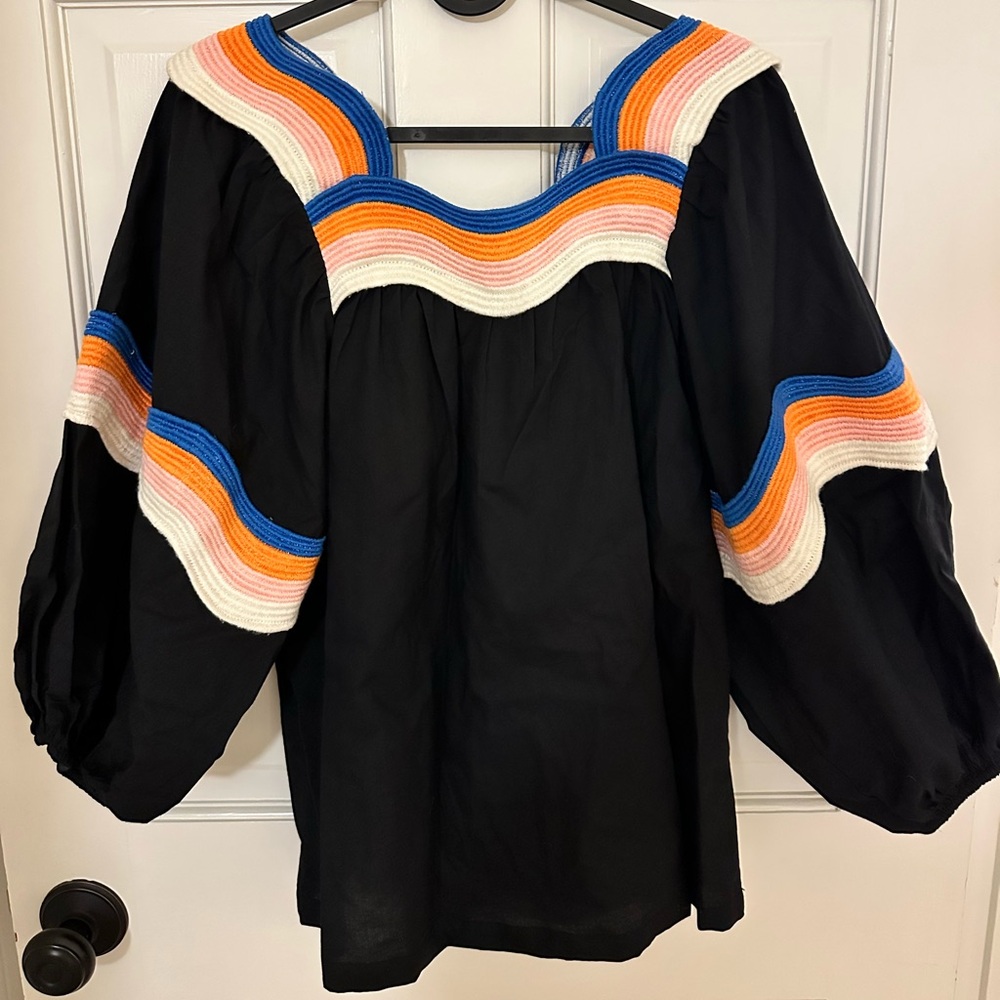 Corey Lynn Calter Black Patti Top with Orange, Blue, and White Accents